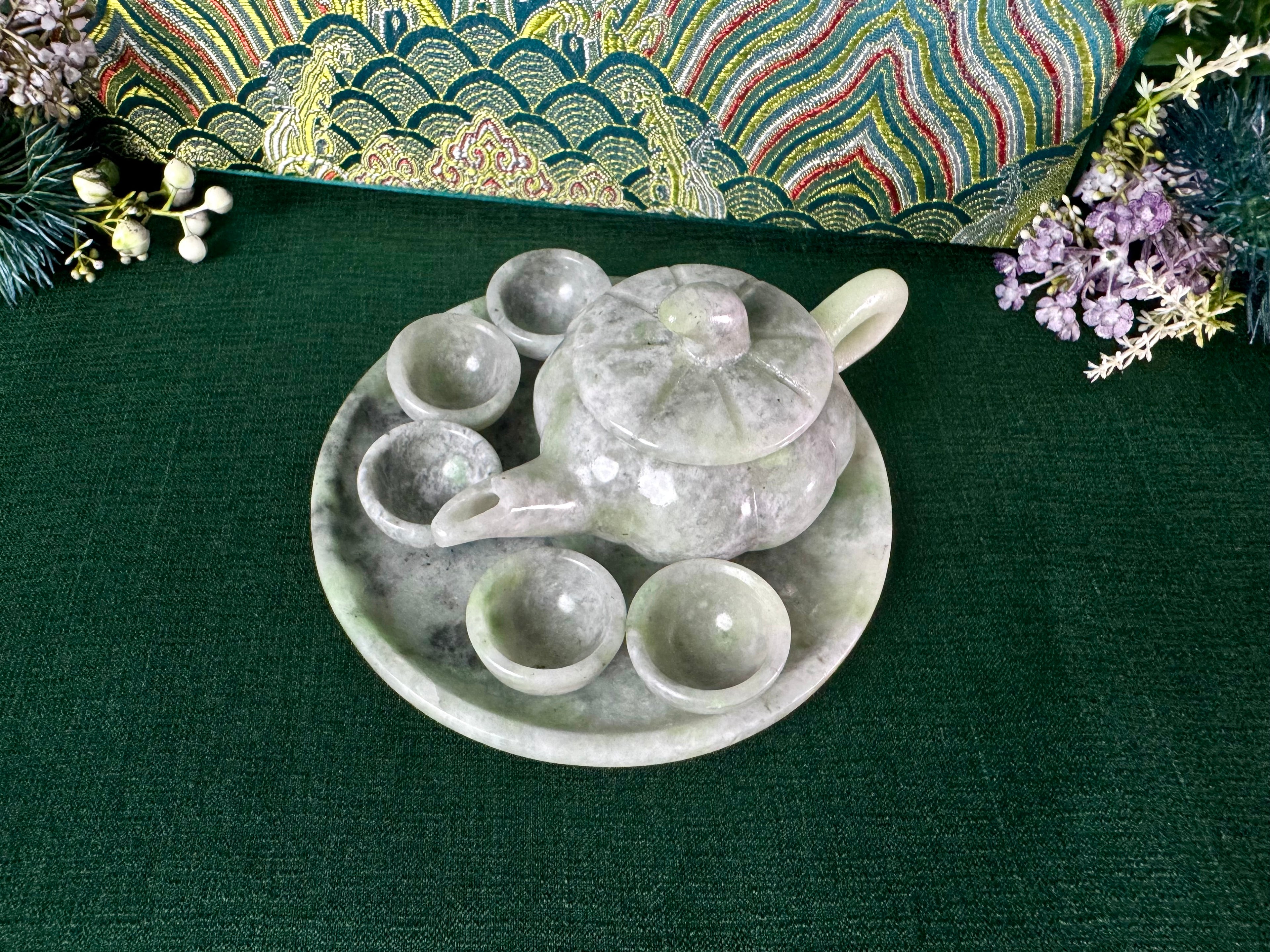 Authentic Burmese Miniature Jade Tea Set Decor