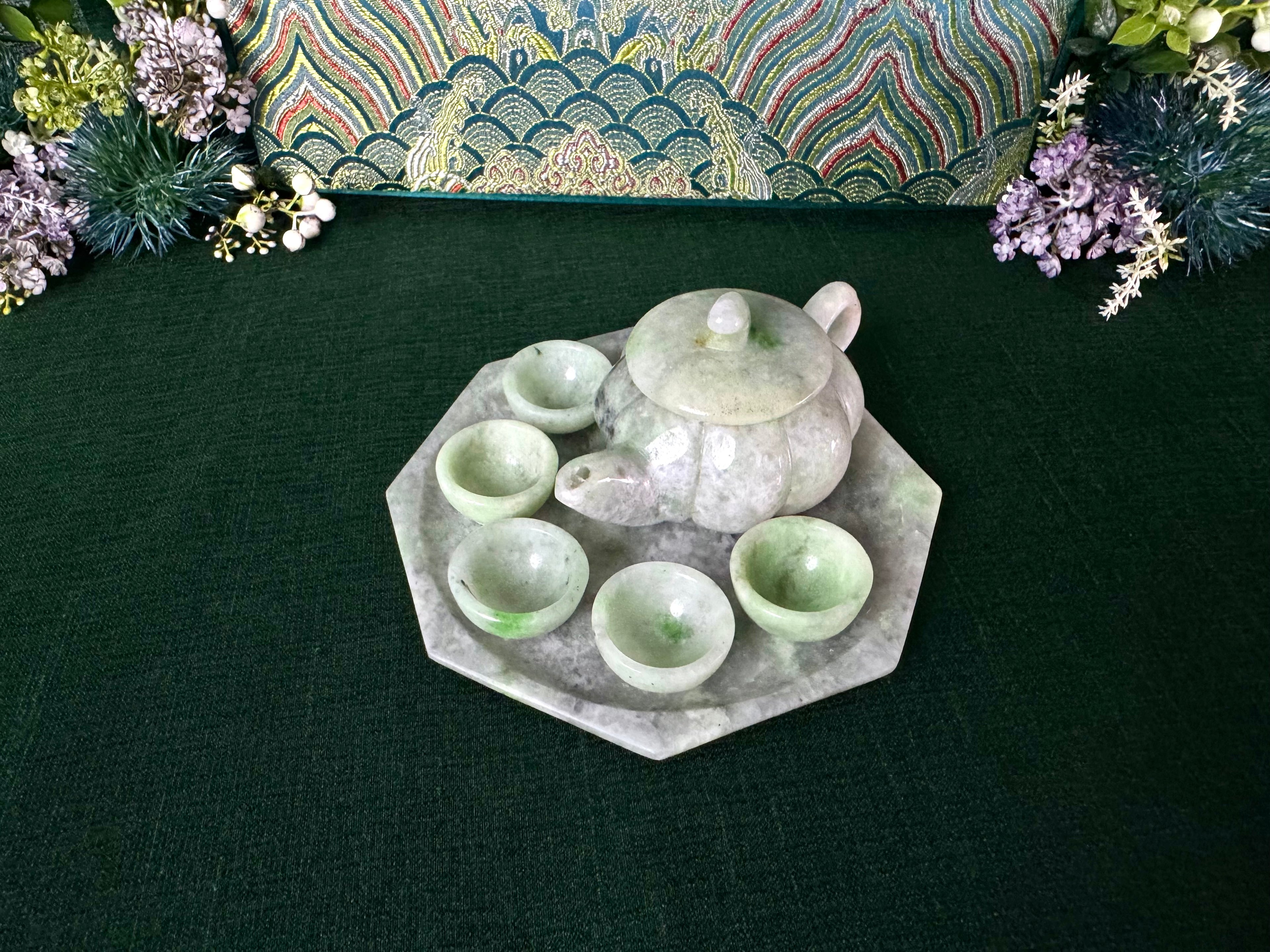 Authentic Burmese Miniature Jade Tea Set Decor